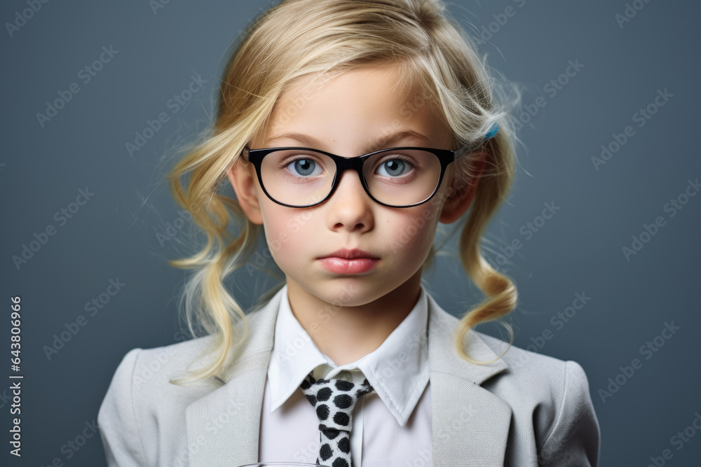 Little girl wearing glasses and tie. This versatile image can be used to represent intelligence, academic achievements, or even as quirky fashion statement.