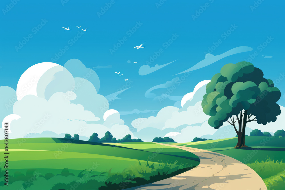 Cartoon illustration of country road with tree in middle. This image can be used to depict peaceful countryside scene.