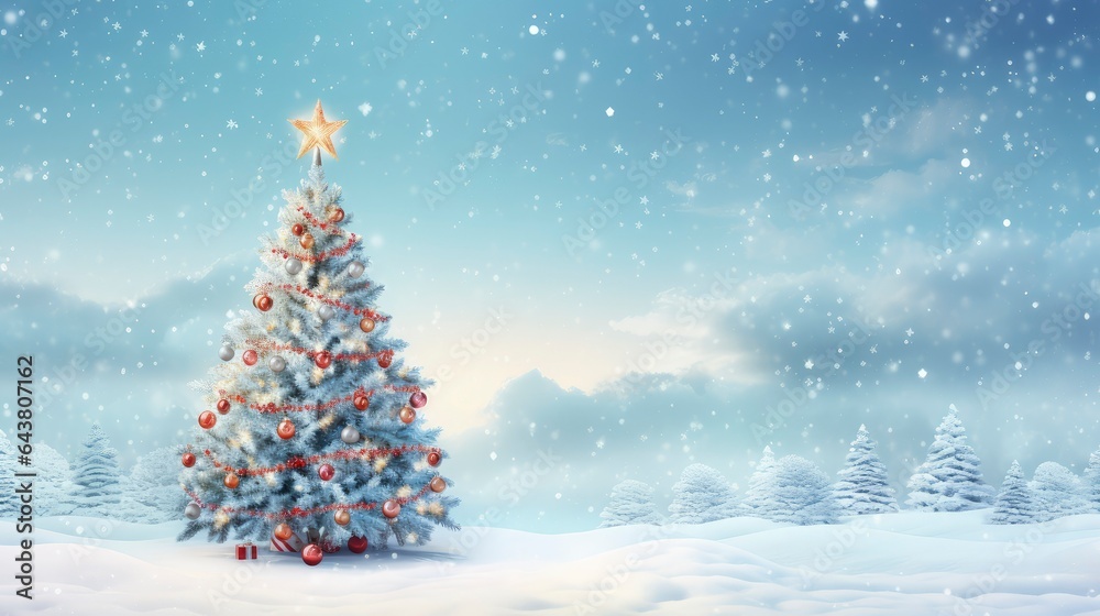 Decorated Christmas tree with winter snow background