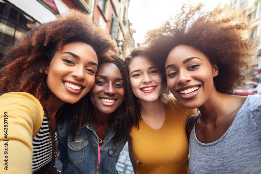 Group of women posing together and taking selfie. This image can be used to depict friendship, social media, and modern technology. Group of women posing together and taking selfie. This image can be used to depict friendship, social media, and modern technology.