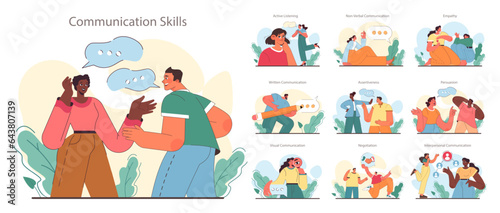 Soft skill development set. Character with communication skill. Effective