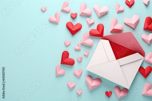 Open envelope surrounded by hearts on blue background. Represent love letters, Valentine's Day greetings, or romantic correspondence. Greeting cards, social media posts, or email marketing campaigns.