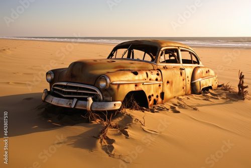 A vintage car rotting next to a sandy road.