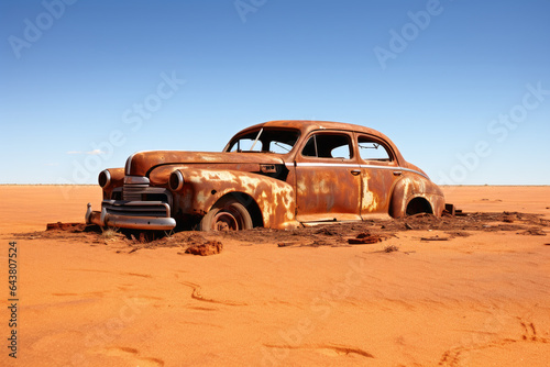 A vintage car rotting next to a sandy road. © Nicole
