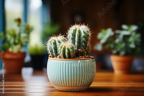 Cactus in a pot on a wooden table. Selective focus. Cactus. Potted Plant Concept with Copy Space.