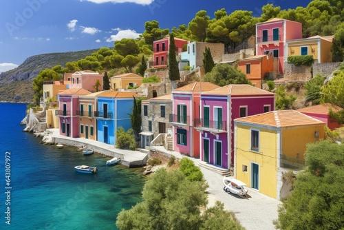 Colorful Assos village in Kefalonia, Greece. Generative AI photo