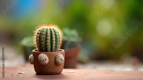 Cactus in clay pot on wooden table with bokeh background. Cactus. Potted Plant Concept with Copy Space.