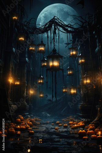 Halloween spooky background  scary pumpkins with smoke in old big creepy Happy Haloween ghosts horror house inside big empty foggy room. Creepy october dark smoky mysterious night backdrop concept.