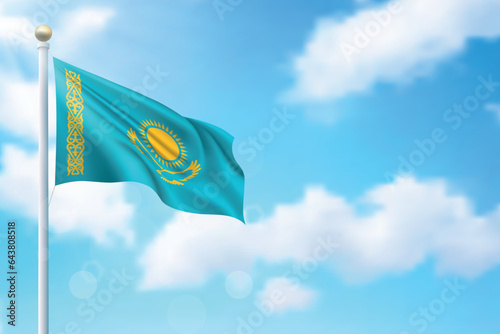Waving flag of Kazakhstan on sky background. Template for independence