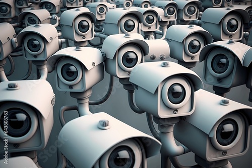 Many CCTV security surveillance cameras. Dystopian big brother spy and monitoring control concept. Mass equipments cam and lenses 2030 agenda govern control. stress and excess concept. Generative AI