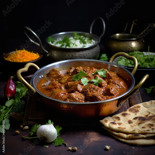 Delicious Roghan Josh Curry with Naan, Indian Cuisine, Close-Up photo