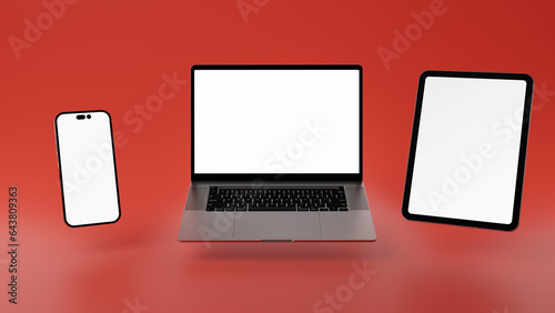 modern notebook, smartphone and tablet with blank screen for compositing.