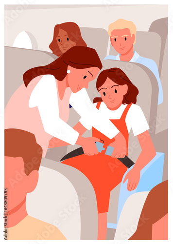 Woman fastens kids safety belt in cabin of airplane vector illustration. Cartoon baby girl sitting in chair, mother holding seatbelt with buckle and button to protect little child during flight