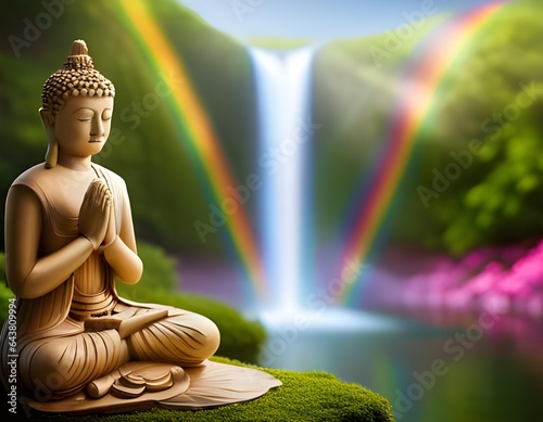 Peace and serenity surround the Buddha as his meditates and prays by a rainbow waterfall. photo
