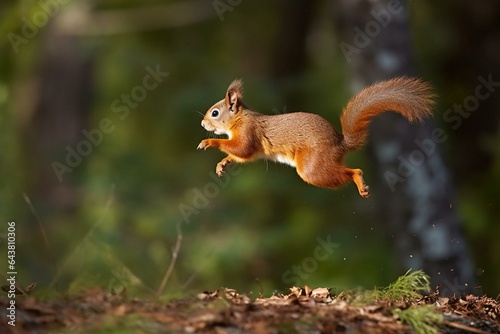 A common squirrel  Sciurus vulgaris  captured mid-jump. Generative AI