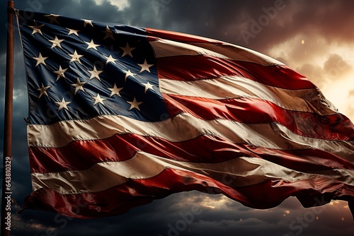 The American flag proudly flutters in the wind, a symbol of freedom and unity.