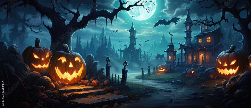 Happy Halloween background spooky scene, creepy dark night with moon, pumpkins and spooky trees on graveyard ghosts horror gothic evil cemetery landscape. Mysterious night moonlight backdrop.