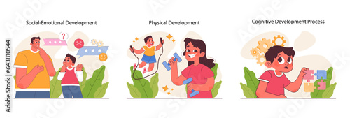 Child development set. Cognitive, physical and emotional skills. Positive