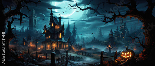 Happy Halloween background spooky scene  creepy dark night with moon  pumpkins and spooky trees on graveyard ghosts horror gothic evil cemetery landscape. Mysterious night moonlight backdrop.