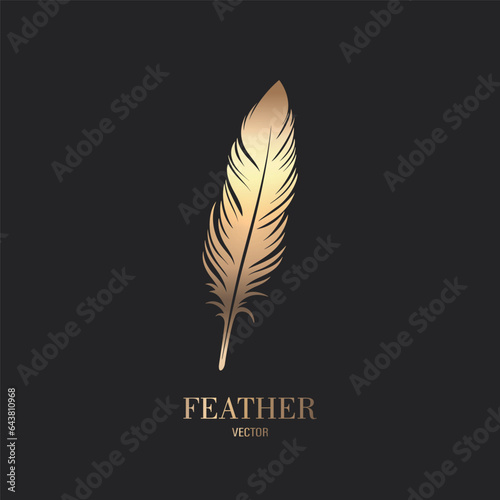 Vector Fluffy Golden Color Feather Logo Icon, Silhouette Feather Closeup Isolated. Design Template of Flamingo, Angel, Bird Feather. Lightness, Freedom Concept