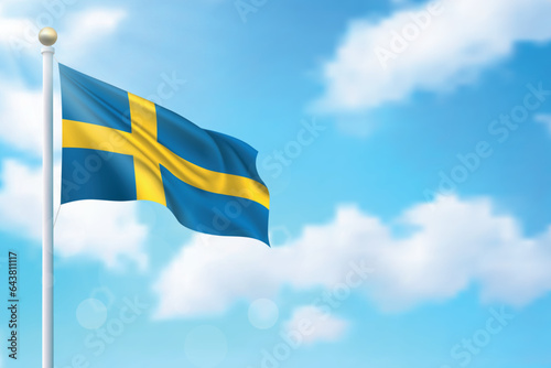 Waving flag of Sweden on sky background. Template for independence