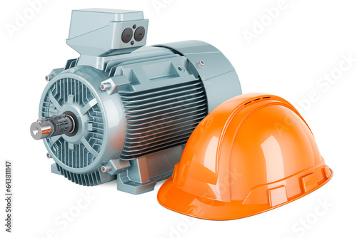 Electric motor with orange hard hat, 3D rendering