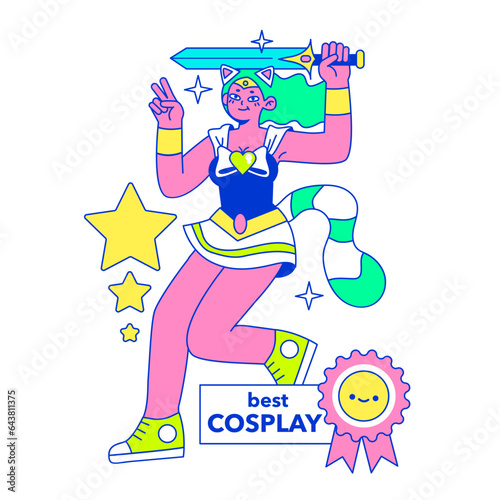 Cosplay. Young woman dressed up as superheroe fighting with a sword.