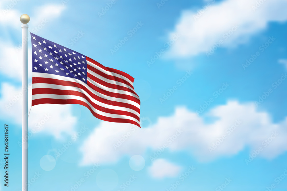 Waving flag of United States on sky background. Template for independence