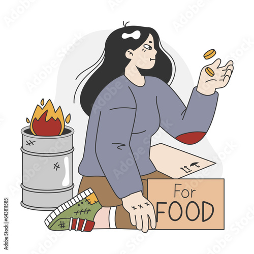 Homeless character. Female beggar wearing ragged and dirty clothes