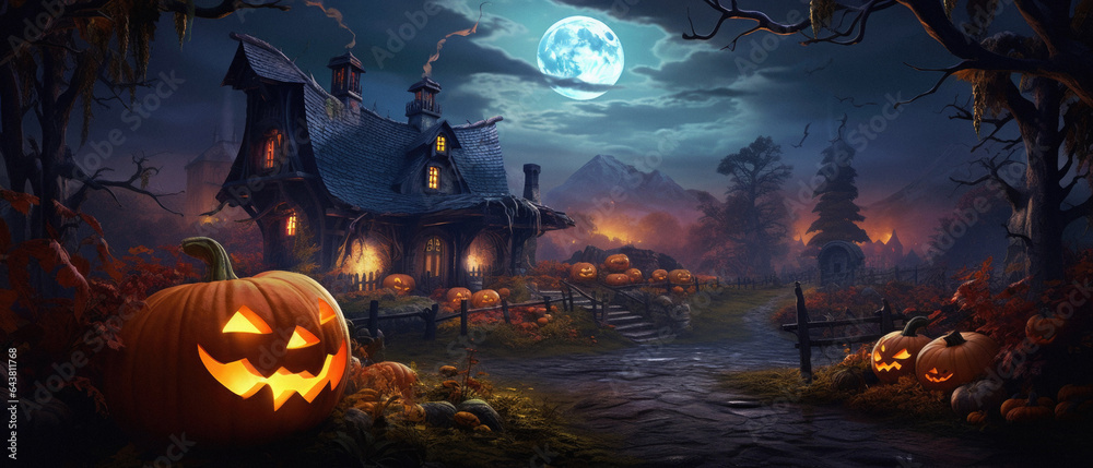 Halloween spooky background, scary jack o lantern pumpkins in creepy dark Happy Haloween ghosts horror mysterious night village street garden with old haunted house mystic backdrop. Halloween spooky background, scary jack o lantern pumpkins in creepy dark Happy Haloween ghosts horror mysterious night village street garden with old haunted house mystic backdrop.