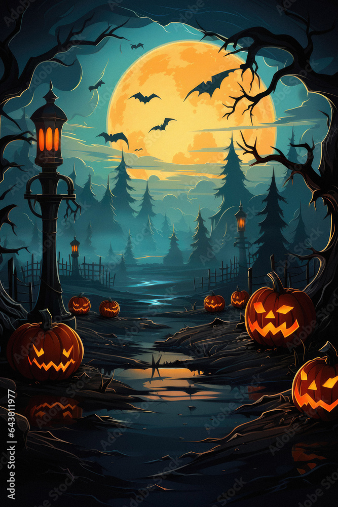 Fototapeta premium Halloween spooky background, scary jack o lantern pumpkins in creepy dark forest with bats, spooky trees, moon and old house Happy Haloween ghosts horror gothic mysterious night moonlight backdrop.