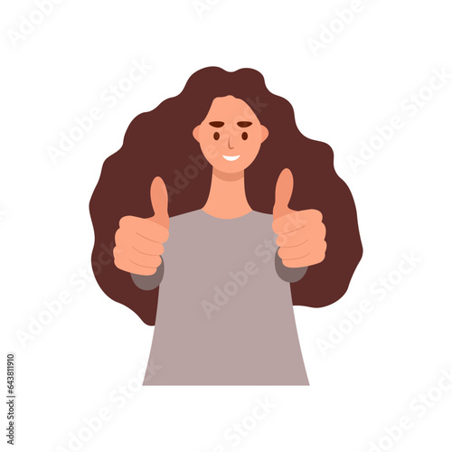 Cheerful young woman pointing thumbs up. Positive opinion, recognition concept. Vector illustration.