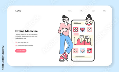 Health tracker web banner or landing page. Character using smart electronic