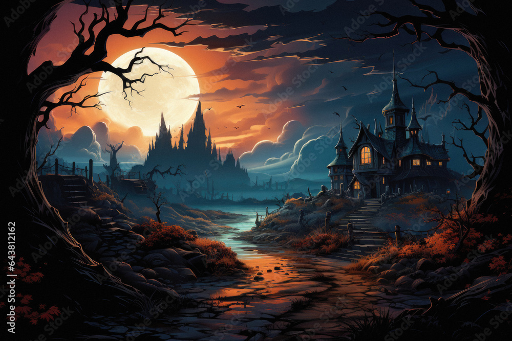Fototapeta premium Happy Halloween spooky scary moon night scene horror landscape background. Creepy dark forest woods trees, moon and Happy Haloween ghosts gothic mysterious sky moonlight gloomy scenery backdrop.