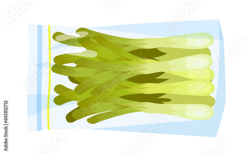 Leek in plastic bag with zip lock vector illustration. Cartoon isolated transparent pack full of frozen or cold fresh summer vegetable for storage in freezer, supermarket package for preservation
