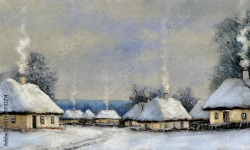 Oil paintings rural landscape, winter landscape, old house in the snow