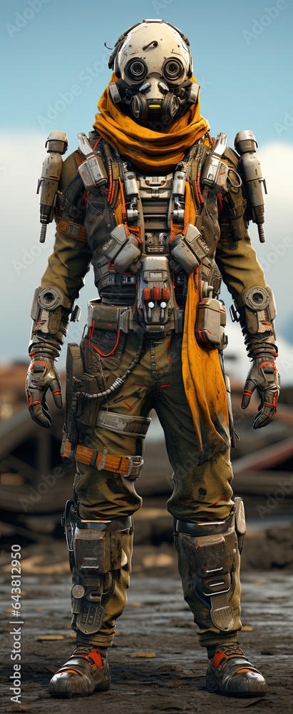 Game character. Space cyberpunk soldier. With gas mask on distant planet. worn clothes, hooded. Hunter and intergalactic explorer. Game character. Space cyberpunk soldier. With gas mask on distant planet. worn clothes, hooded. Hunter and intergalactic explorer.