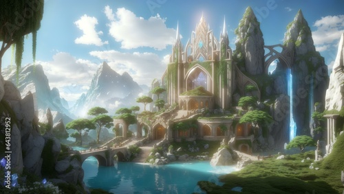 Journey through an ancient elven city adorned with ornate architecture, lush gardens, and glowing crystals rendered in stunning 3D realism transporting you to a magical world where elves thrive in har