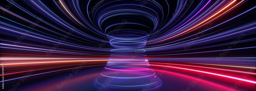 Fototapeta premium 3d render, abstract futuristic neon background. Twisted electromagnetic vortex. Ultra violet rays, cyber network glowing lines