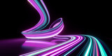 3d render. Abstract panoramic background of twisted dynamic neon lines glowing in the dark room with floor reflection. Virtual fluorescent ribbon loop. Fantastic minimalist wallpaper