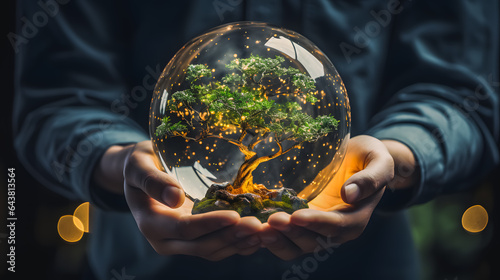 A tree in a transparent glass ball in the hands of a man. Environmental Protection. Ecology. Generative AI