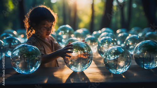 A child holding a clear glass ball with a small growing tree inside. New life. Environmental protection concept. Ecology. Generative AI