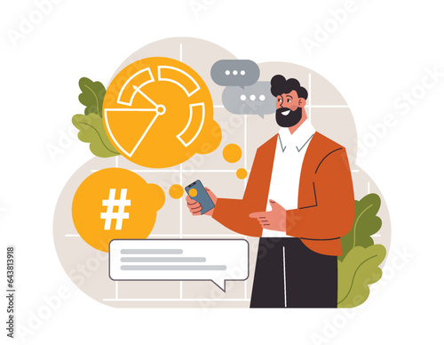Hashtag. Character using digital device for sending posts and sharing