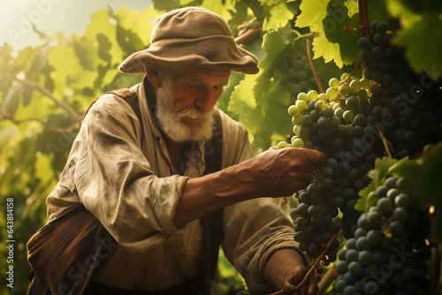 Old Farmer harvesting grapes. High quality photo