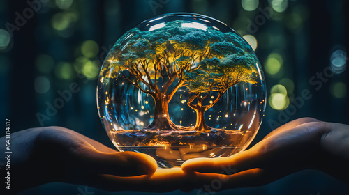 A tree in a transparent glass ball in the hands of a man. Environmental Protection. Ecology. Generative AI