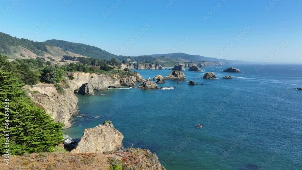 Aerial Mendocino northern California coastal shore islands 1. Pacific Ocean coastal shoreline highway. California State Route 1. Landscape, towns and villages. Blue water, islands, cliff shore. Aerial Mendocino northern California coastal shore islands 1. Pacific Ocean coastal shoreline highway. California State Route 1. Landscape, towns and villages. Blue water, islands, cliff shore.