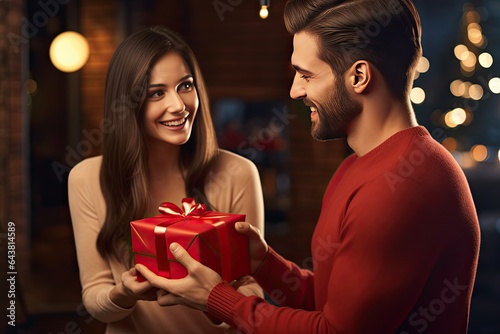 Happy guy giving red present to girlfriend. Valentine day. Christmas. 