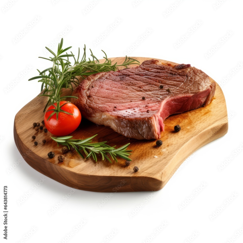 Photo of a delicious steak with a savory tomato and fragrant rosemary on a wooden cutting board Photo of a delicious steak with a savory tomato and fragrant rosemary on a wooden cutting board