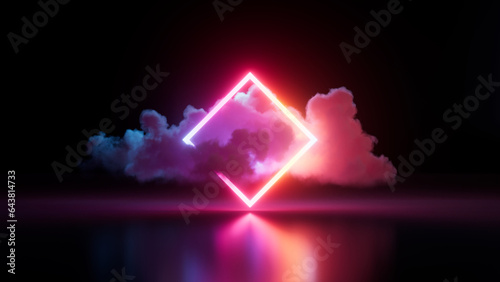 3d render, abstract minimalist geometric background. Illuminated cloud and colorful neon rhombus frame glowing in the dark. Futuristic wallpaper