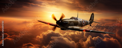 Illustration of  airplane depicting Supermarine Spitfire, famous fighter plane from second world war, gorgeous sunset background, horizontal, copy space